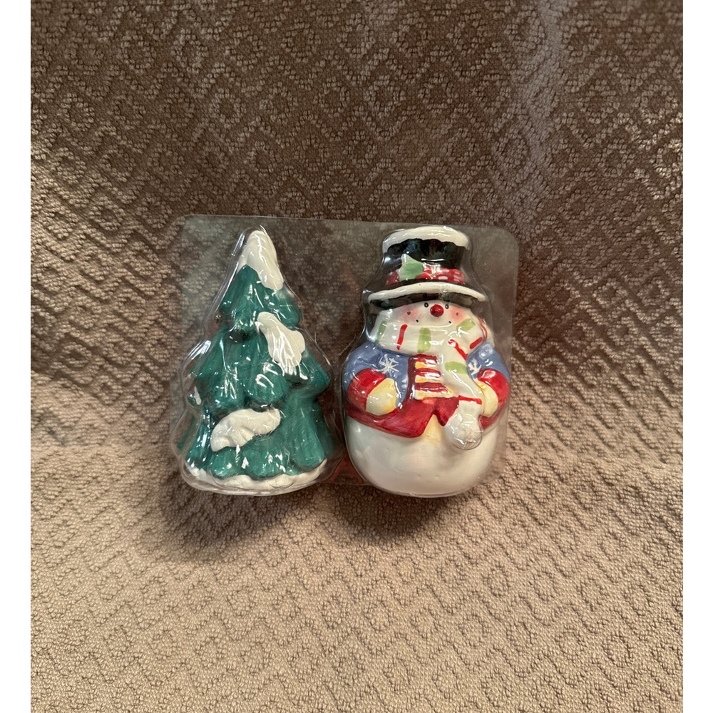 Festive Ceramic Snowman and Tree Holiday Salt and Pepper Set